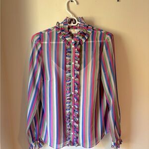 Boden multi-stripe long sleeve ruffled neck and front blouse/detachable camisole